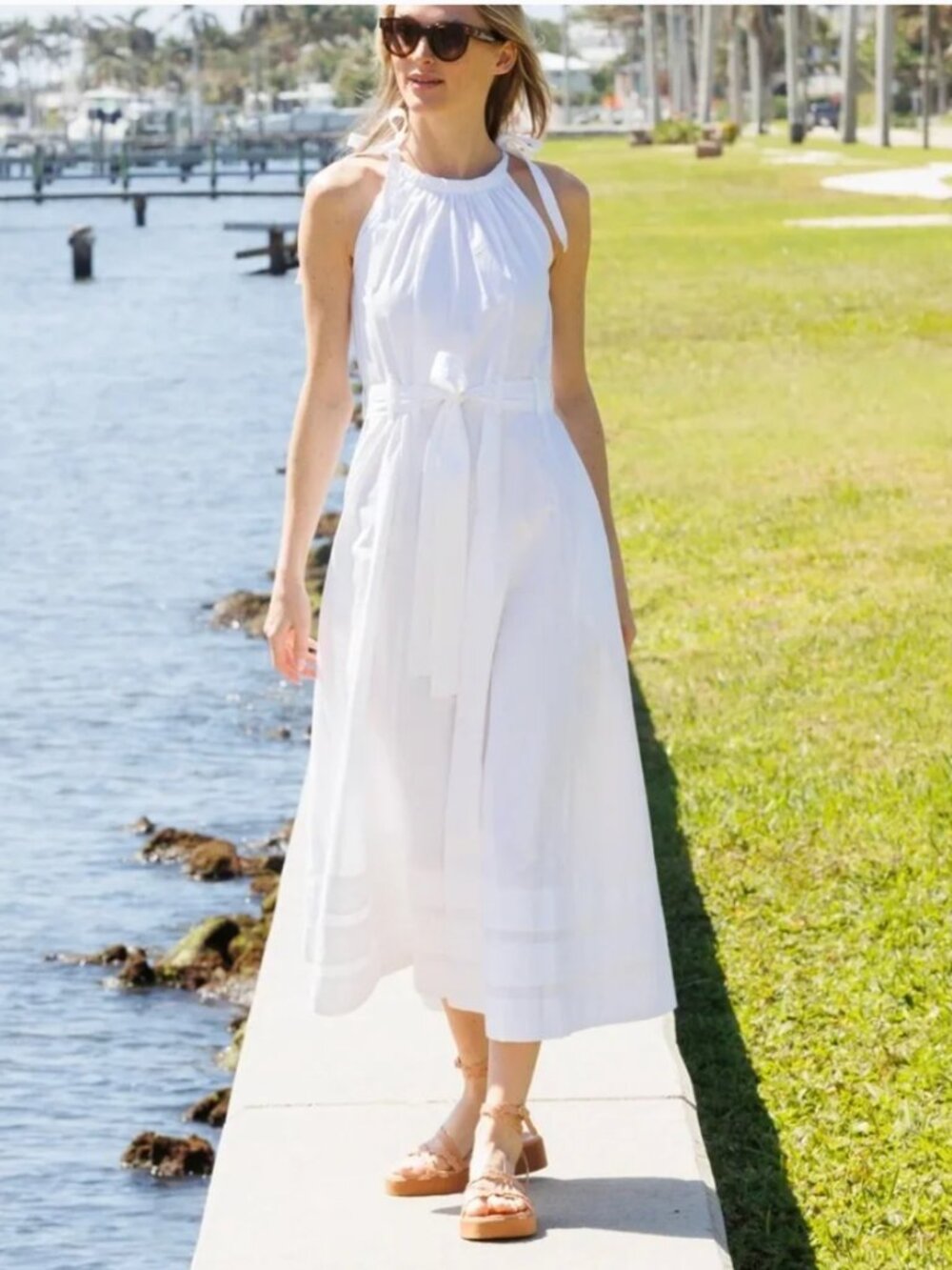 Julia Amory Cryder Midi Dress Womens Small White Sleeveless Cotton Poplin Tie - Picture 11 of 11